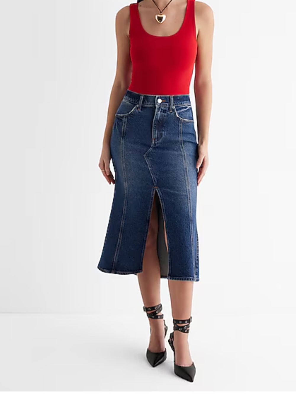 Express Super High Waisted Flare Hem Front Slit Midi Denim Skirt